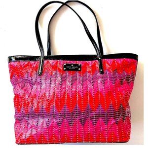 Kate Spade Beverly Breeze Woven Small Coal Tote Beach Bag Pink Purple Black Gold